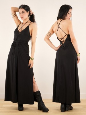 Toonzshop Amulette Lace-up Split Long Dress Klänning Dam Svarta | GAECR-6187