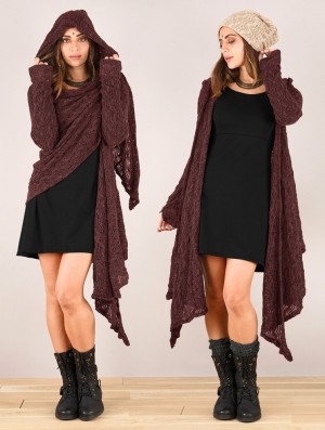 Toonzshop Danaeriz Long Sleeve Hooded Crochet Shawl Cardigan Kofta Dam Wine | XRKGU-4079