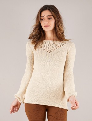 Toonzshop Endaria Open Work Boat Neck Knit Sweater Tröja Dam Beige | KZEQU-7624