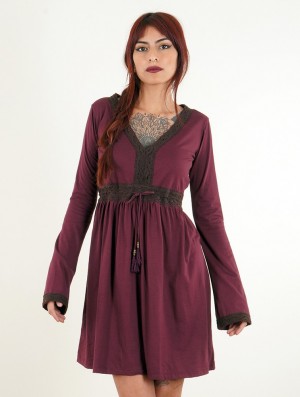 Toonzshop Firiel Long Sleeve Dress With Crochet Detail Klänning Dam Wine | JYXDN-8746