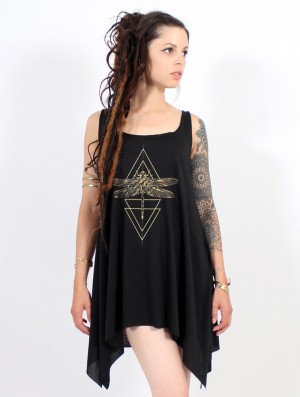 Toonzshop Geometric Dragonfly Printed Knotted Sleeveless Tunic Blast Dam Svarta Guld | WVTBC-3175