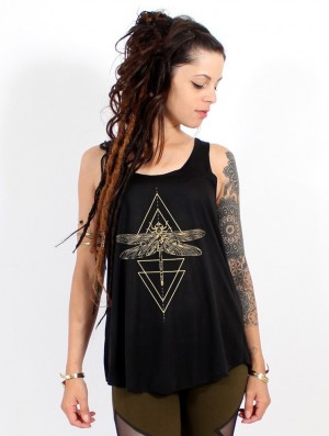 Toonzshop Geometric Dragonfly Printed Tank Top Linne Dam Svarta Guld | MIZFQ-6021