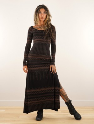 Toonzshop Inanna Aztec Pinted Long Sleeve Long Dress Dress Klänning Dam Svarta | YAZSP-2685