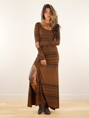 Toonzshop Inanna Aztec Pinted Long Sleeve Long Dress Dress Klänning Dam Goldenbrown | NCISA-2674