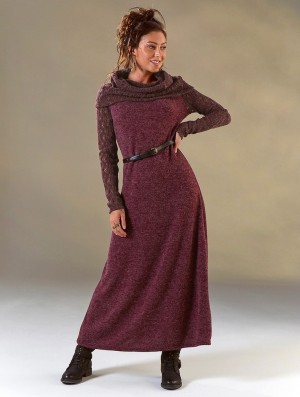 Toonzshop Nouchka Crochet Sleeves And Big Collar Long Sweater Dress Klänning Dam Wine | PDXWY-4896