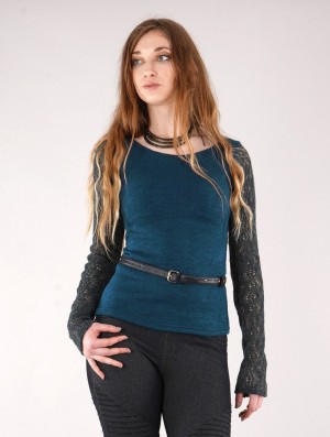 Toonzshop Oroshï Crochet Sleeve Sweater Tröja Dam Blå | FTBWH-4765