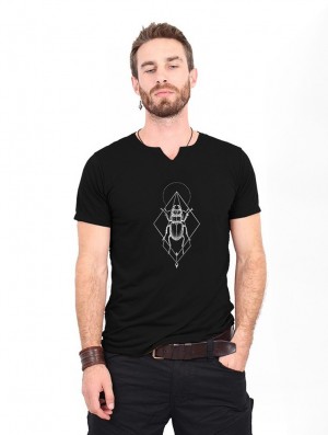 Toonzshop Scarab Spirit Slit V-neck T-shirt T-Shirt Herr Svarta Silver | KQXME-0347