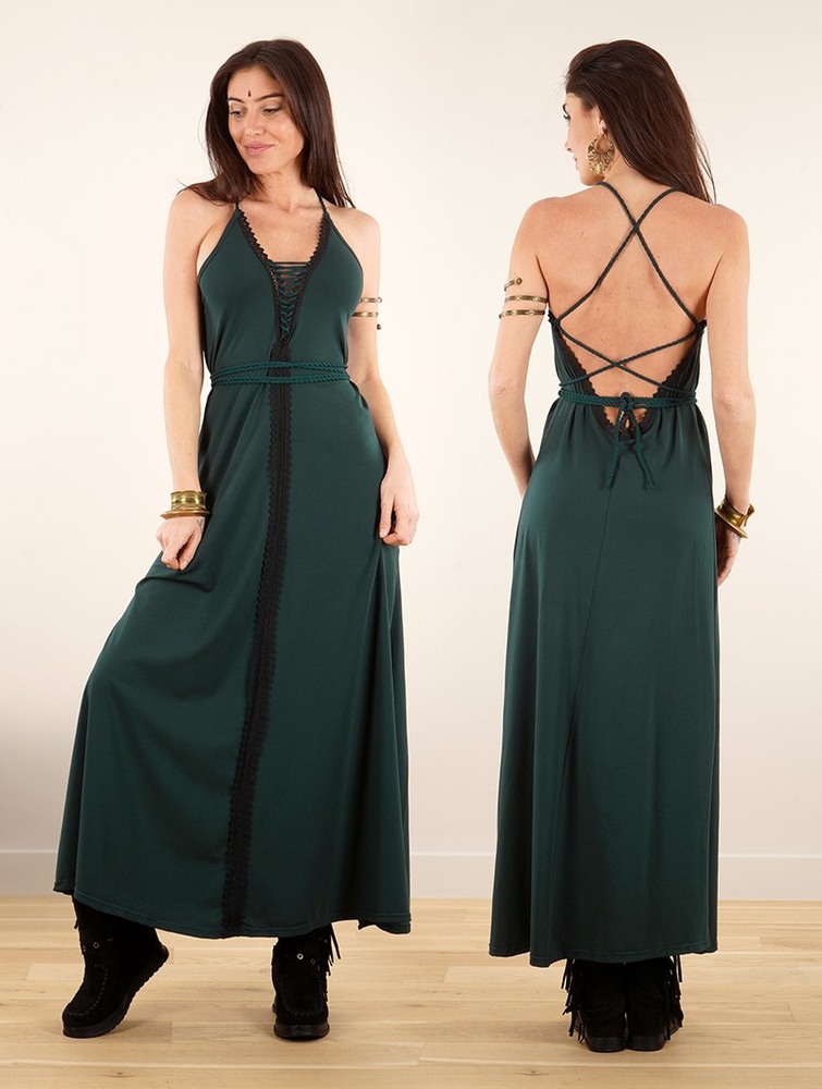 Toonzshop Amulette Lace-up Split Long Dress Klänning Dam Påfågel | SXTCM-2683