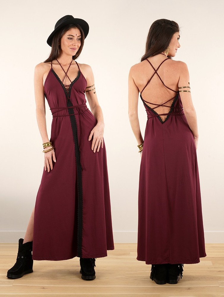 Toonzshop Amulette Lace-up Split Long Dress Klänning Dam Wine | MPSKW-5193