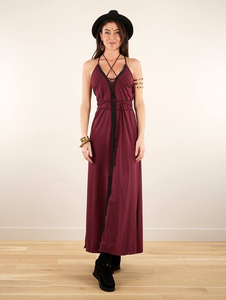 Toonzshop Amulette Lace-up Split Long Dress Klänning Dam Wine | MPSKW-5193