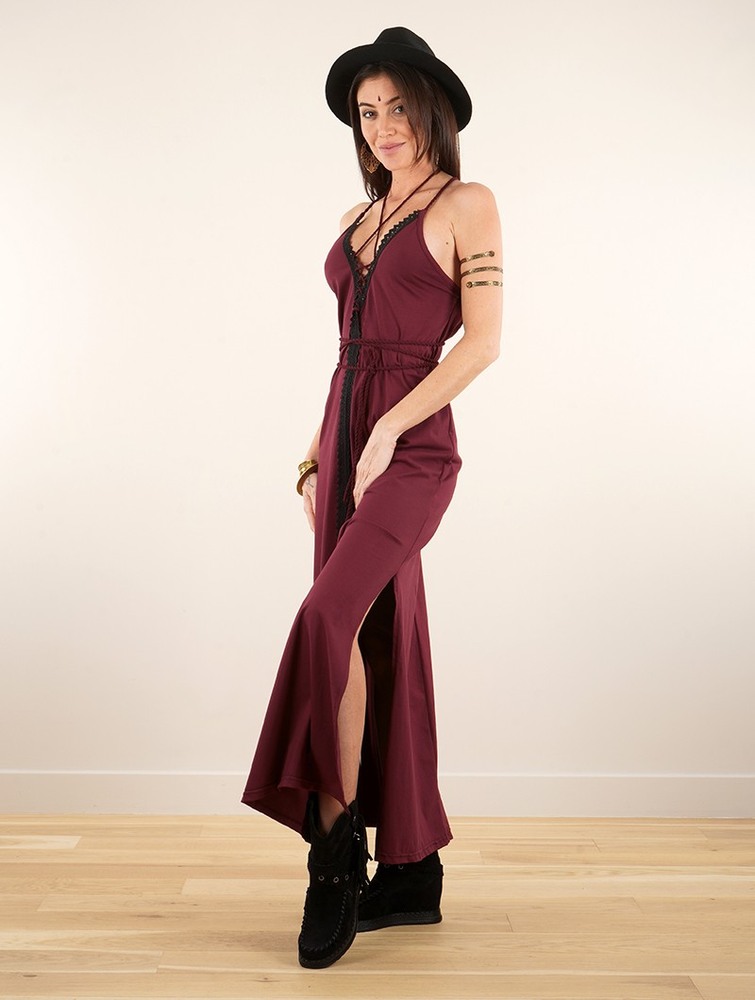 Toonzshop Amulette Lace-up Split Long Dress Klänning Dam Wine | MPSKW-5193