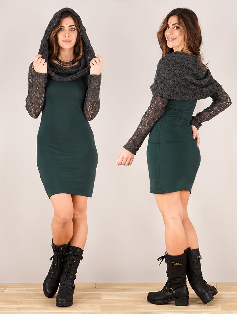 Toonzshop Atmäa Crochet Long Sleeved Dress Klänning Dam Påfågelgrå | TQKMH-9451