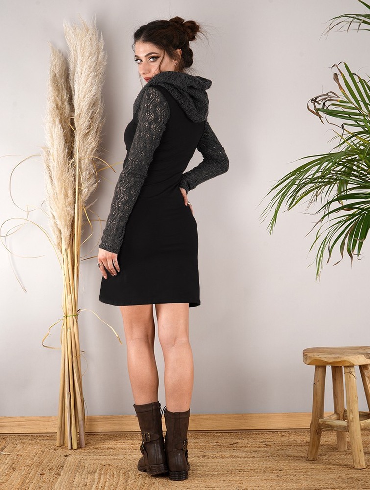 Toonzshop Atmäa Crochet Long Sleeved Dress Klänning Dam Svarta Grå | RJIED-3647