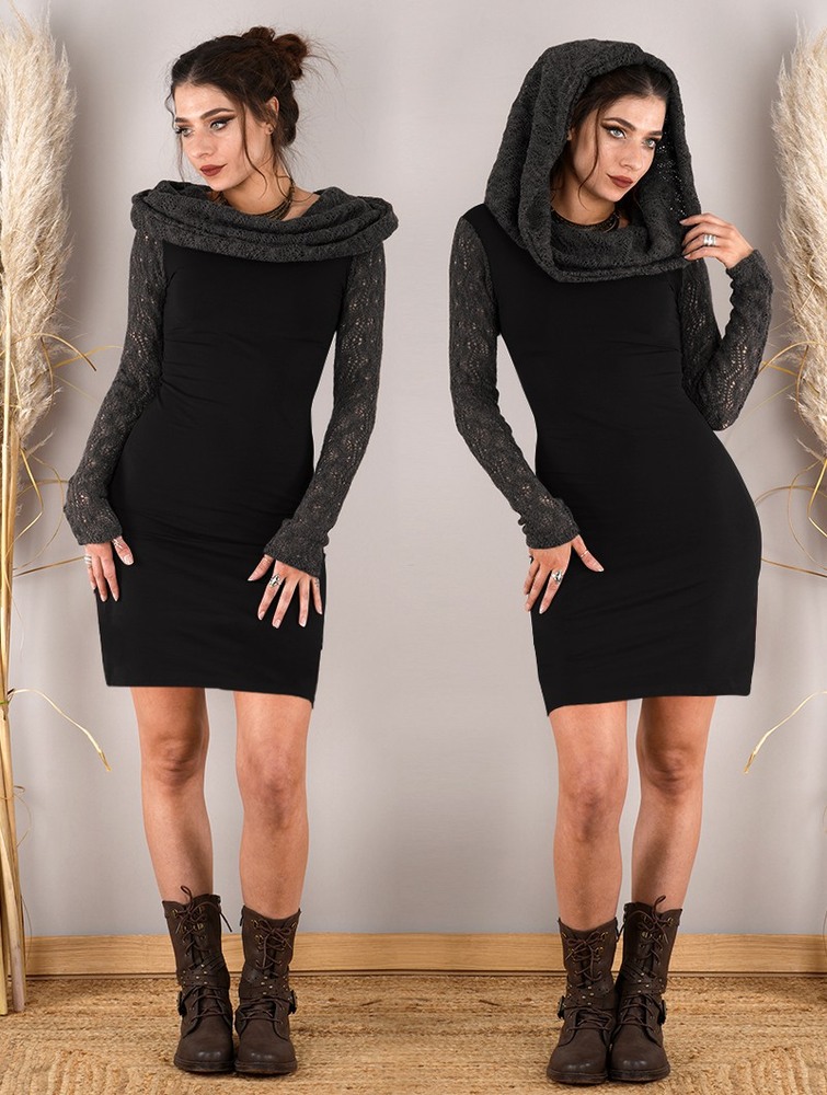 Toonzshop Atmäa Crochet Long Sleeved Dress Klänning Dam Svarta Grå | RJIED-3647