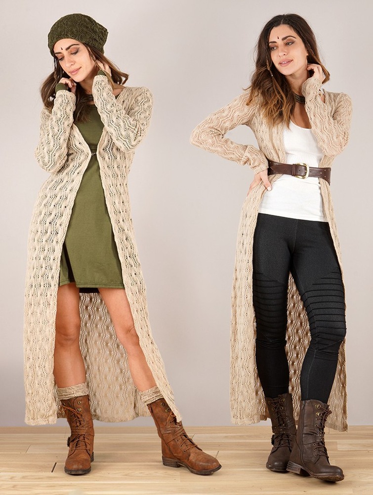 Toonzshop Boheme Crochet Long Cardigan Kofta Dam Beige | AKXHI-7652