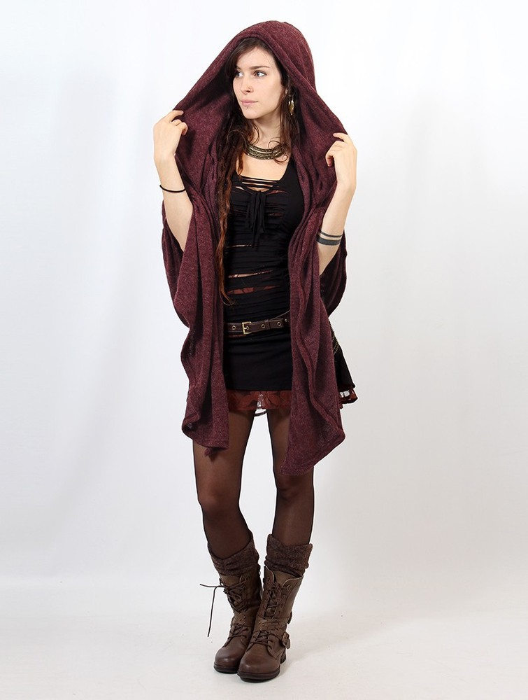 Toonzshop Danae Hooded Cape Ponchos Dam Mottled wine | TFMIR-1409