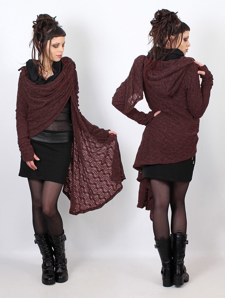 Toonzshop Danaeriz Long Sleeve Hooded Crochet Shawl Cardigan Kofta Dam Wine | XRKGU-4079