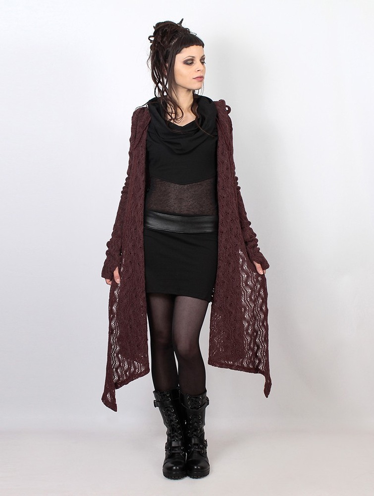 Toonzshop Danaeriz Long Sleeve Hooded Crochet Shawl Cardigan Kofta Dam Wine | XRKGU-4079