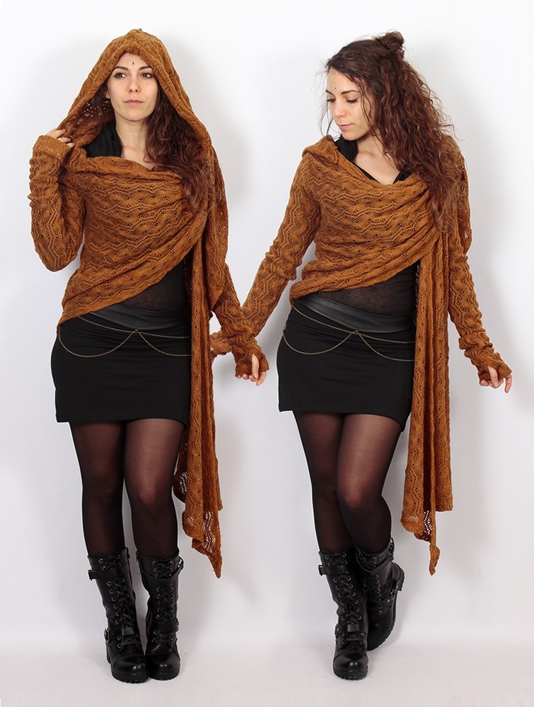 Toonzshop Danaeriz Long Sleeve Hooded Crochet Shawl Cardigan Kofta Dam Rusty | RHIMV-3652