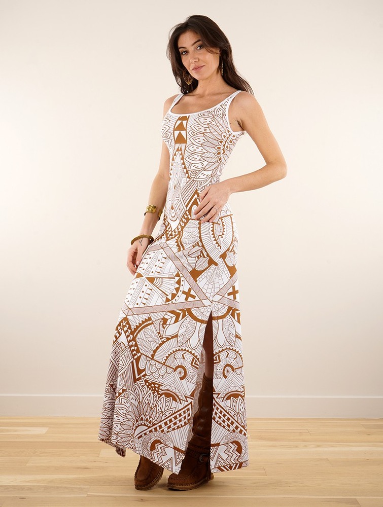 Toonzshop Electra Africa Printed Long Split Strappy Dress Klänning Dam Vita | BTCDS-6951