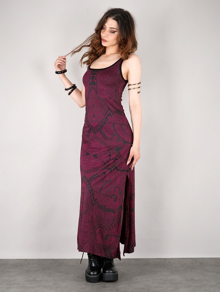 Toonzshop Electra Africa Printed Long Split Strappy Dress Klänning Dam Wine | CEYTW-7093