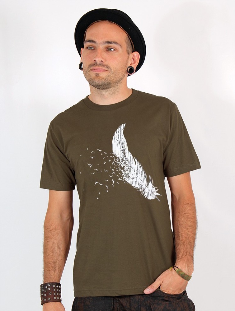 Toonzshop Feather Printed Short Sleeve T-shirt T-Shirt Herr Ljusgröna | XUAWO-3479