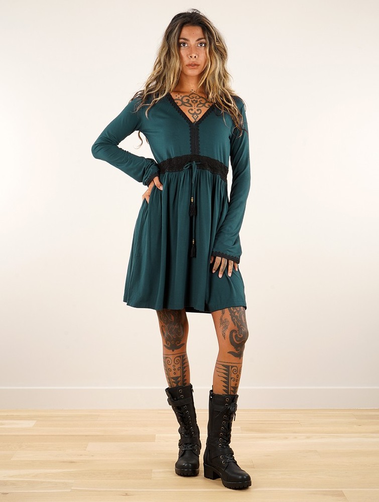 Toonzshop Firiel Long Sleeve Dress With Crochet Detail Klänning Dam Teal | YPFHG-7810