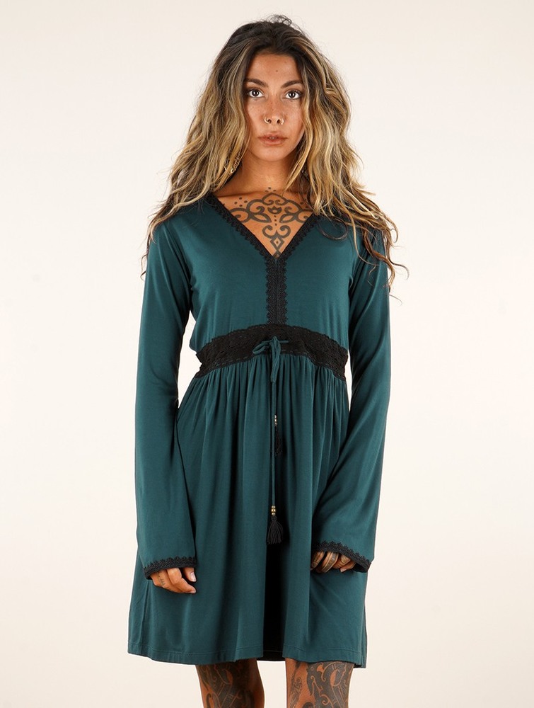 Toonzshop Firiel Long Sleeve Dress With Crochet Detail Klänning Dam Teal | YPFHG-7810