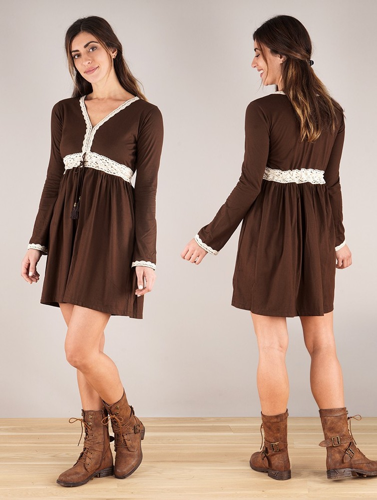 Toonzshop Firiel Long Sleeve Dress With Crochet Detail Klänning Dam Mörkbruna | YHJFM-1650