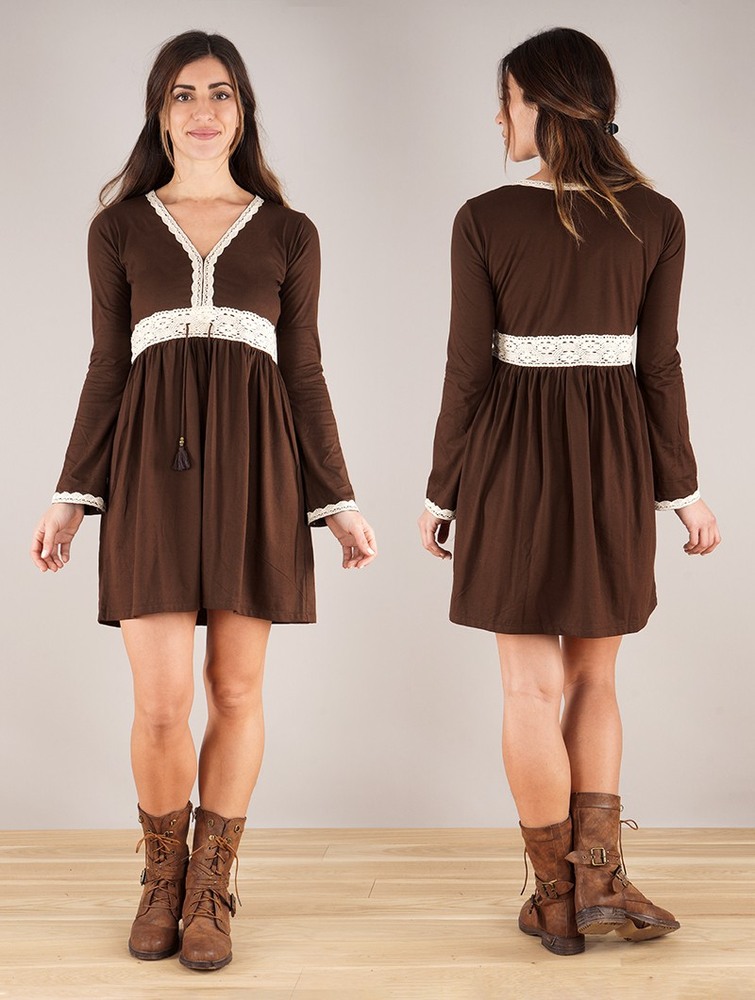 Toonzshop Firiel Long Sleeve Dress With Crochet Detail Klänning Dam Mörkbruna | YHJFM-1650