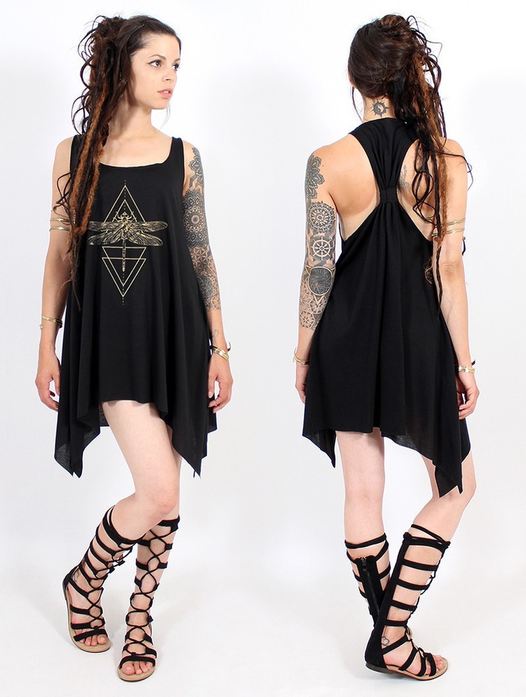 Toonzshop Geometric Dragonfly Printed Knotted Sleeveless Tunic Blast Dam Svarta Guld | WVTBC-3175