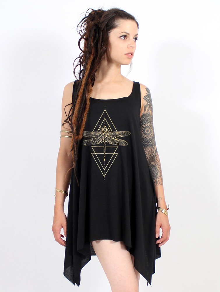 Toonzshop Geometric Dragonfly Printed Knotted Sleeveless Tunic Blast Dam Svarta Guld | WVTBC-3175