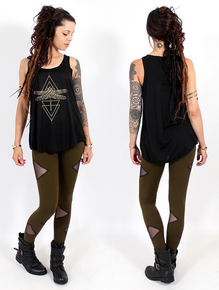 Toonzshop Geometric Dragonfly Printed Tank Top Linne Dam Svarta Guld | MIZFQ-6021