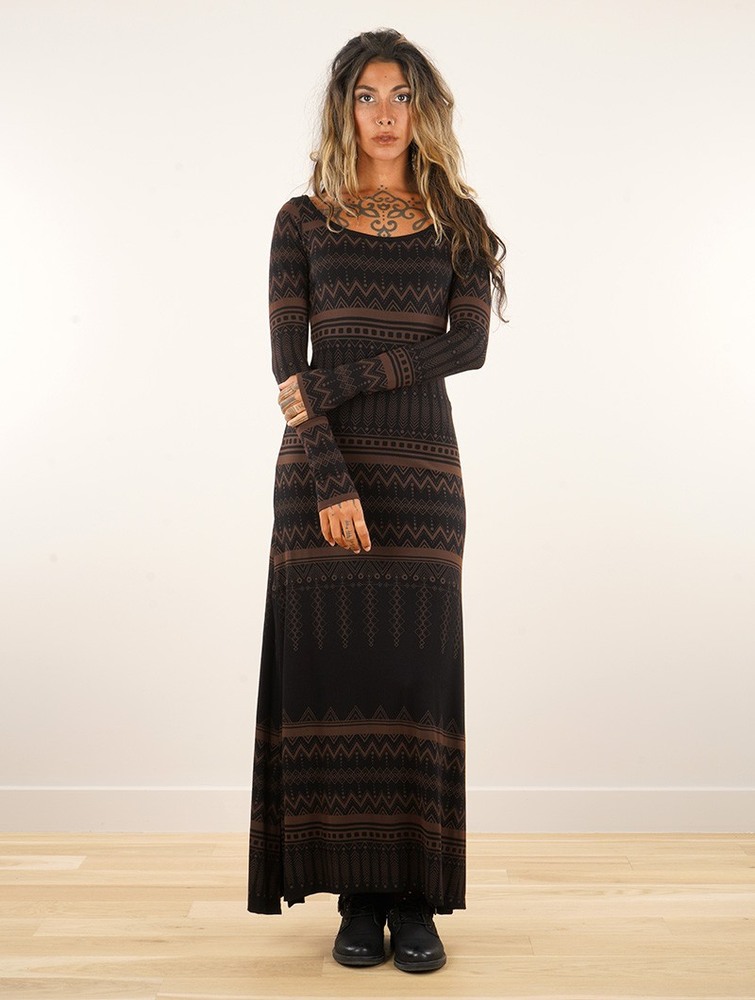 Toonzshop Inanna Aztec Pinted Long Sleeve Long Dress Dress Klänning Dam Svarta | YAZSP-2685