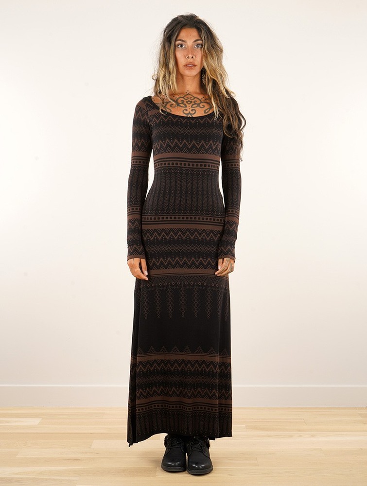 Toonzshop Inanna Aztec Pinted Long Sleeve Long Dress Dress Klänning Dam Svarta | YAZSP-2685