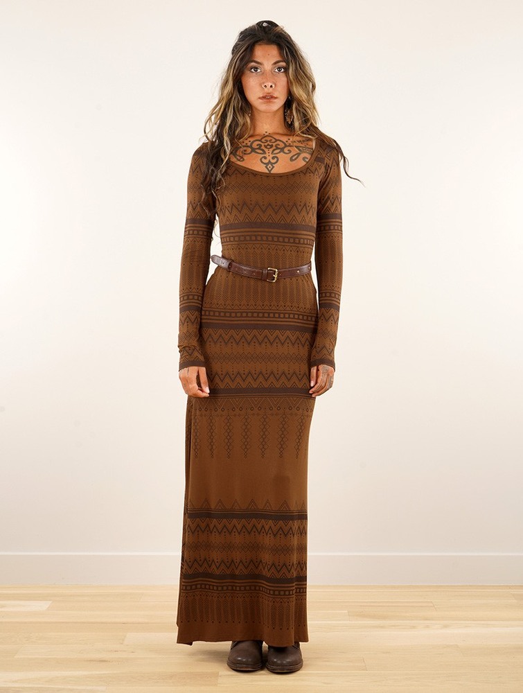 Toonzshop Inanna Aztec Pinted Long Sleeve Long Dress Dress Klänning Dam Goldenbrown | NCISA-2674