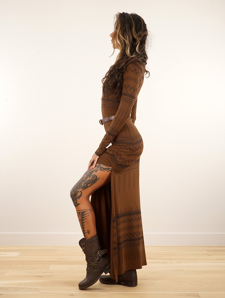 Toonzshop Inanna Aztec Pinted Long Sleeve Long Dress Dress Klänning Dam Goldenbrown | NCISA-2674