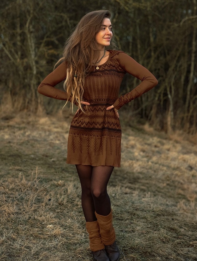 Toonzshop Inanna Aztec Printed Long Sleeve Hooded Short Dress Klänning Dam Caramel | WSBFN-2146