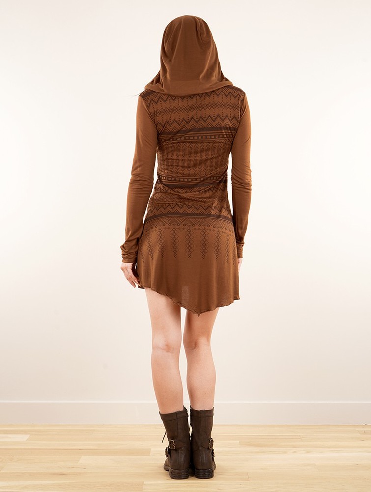 Toonzshop Inanna Aztec Printed Long Sleeve Hooded Short Dress Klänning Dam Caramel | WSBFN-2146