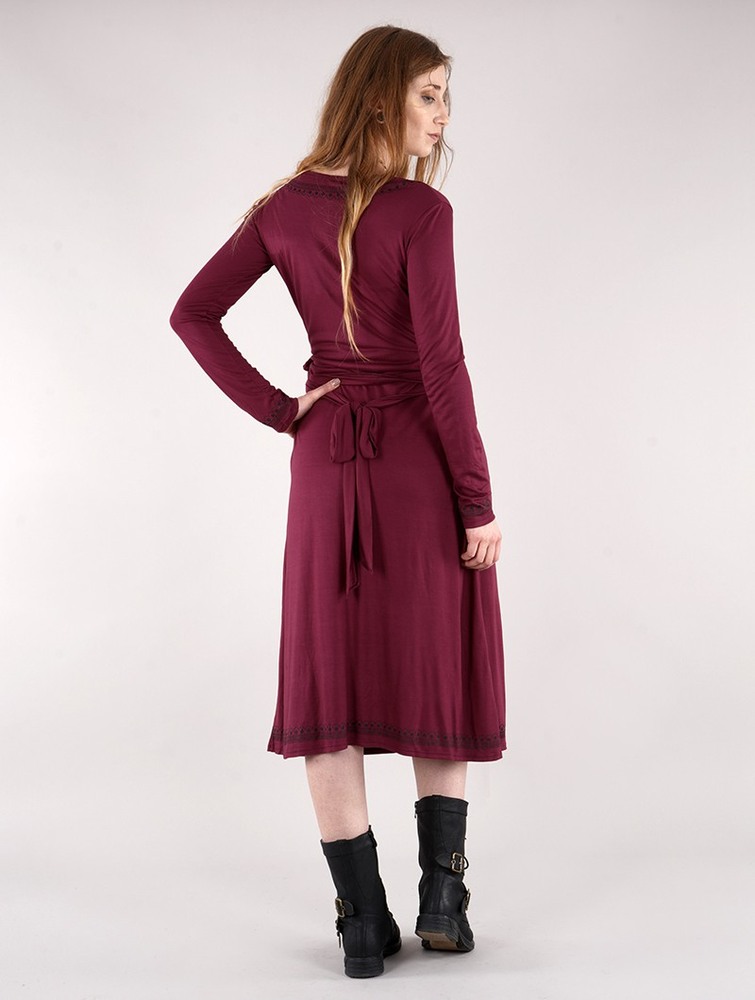 Toonzshop Irwaen Indie 2in1 Cardigan/Long Sleeve Midi Dress Klänning Dam Wine | MIYFX-1205