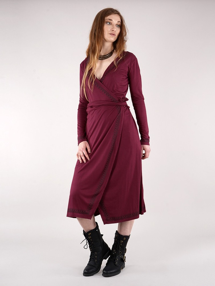 Toonzshop Irwaen Indie 2in1 Cardigan/Long Sleeve Midi Dress Klänning Dam Wine | MIYFX-1205