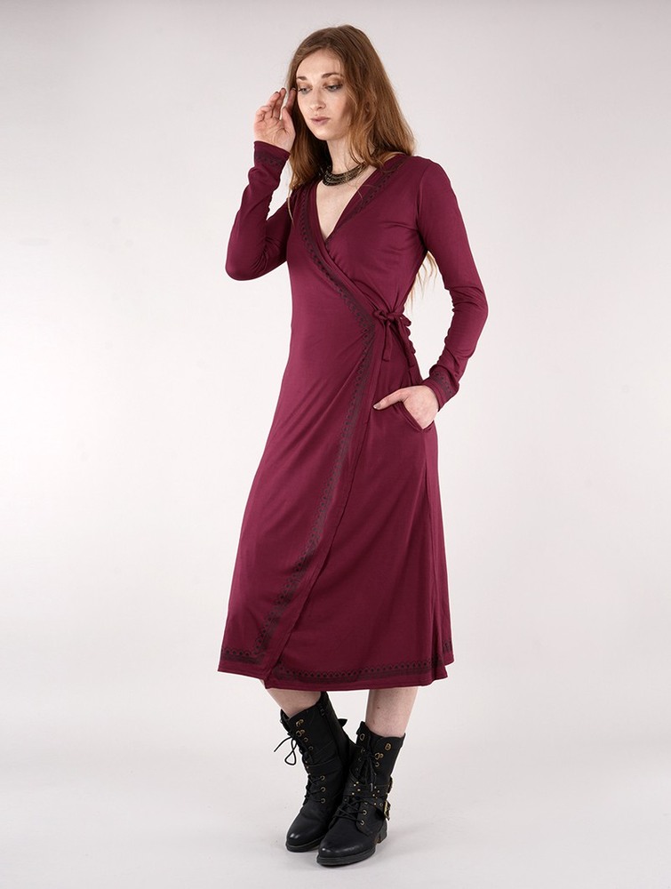 Toonzshop Irwaen Indie 2in1 Cardigan/Long Sleeve Midi Dress Klänning Dam Wine | MIYFX-1205