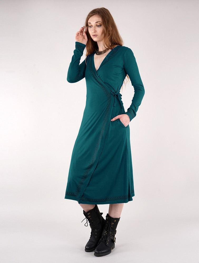 Toonzshop Irwaen Indie 2in1 Cardigan/Long Sleeve Midi Dress Klänning Dam Blå | UOTNG-6318