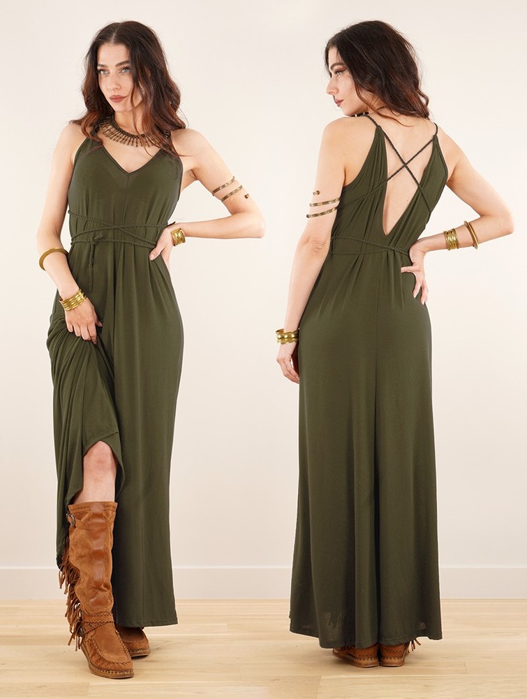 Toonzshop Lazüli Loose And Reversible Strappy Long Dress Klänning Dam Khaki | CPIQK-2607