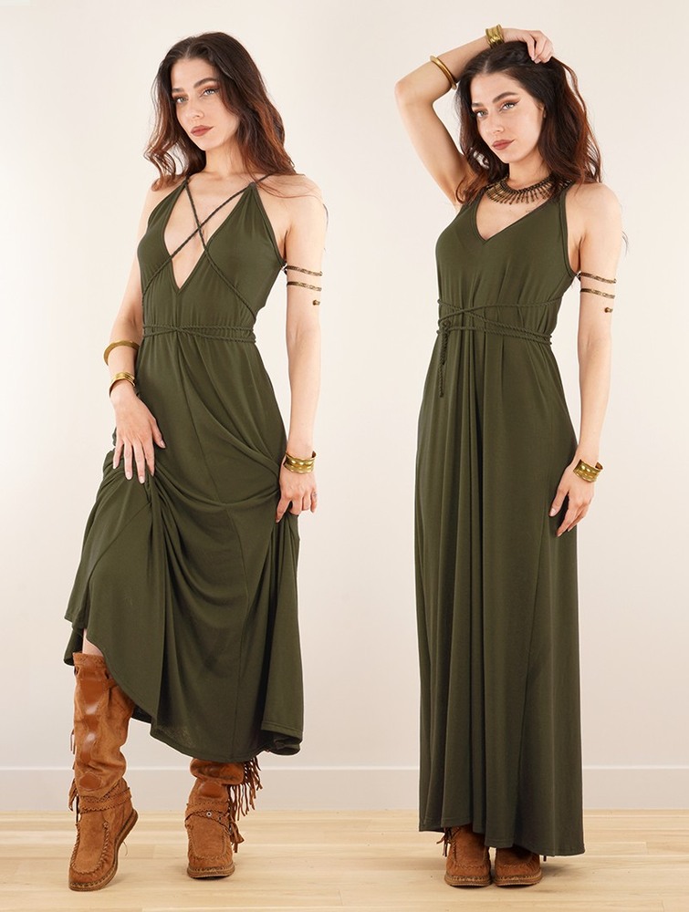 Toonzshop Lazüli Loose And Reversible Strappy Long Dress Klänning Dam Khaki | CPIQK-2607