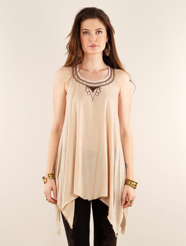 Toonzshop Lotus Luinil Printed Flared Tank Tunic Blast Dam Beige | VLGQT-8935