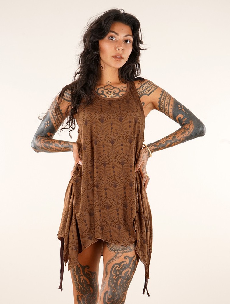 Toonzshop Luinil Peafowl Printed Flared Tank Tunic Blast Dam Caramel | IAFEG-3061