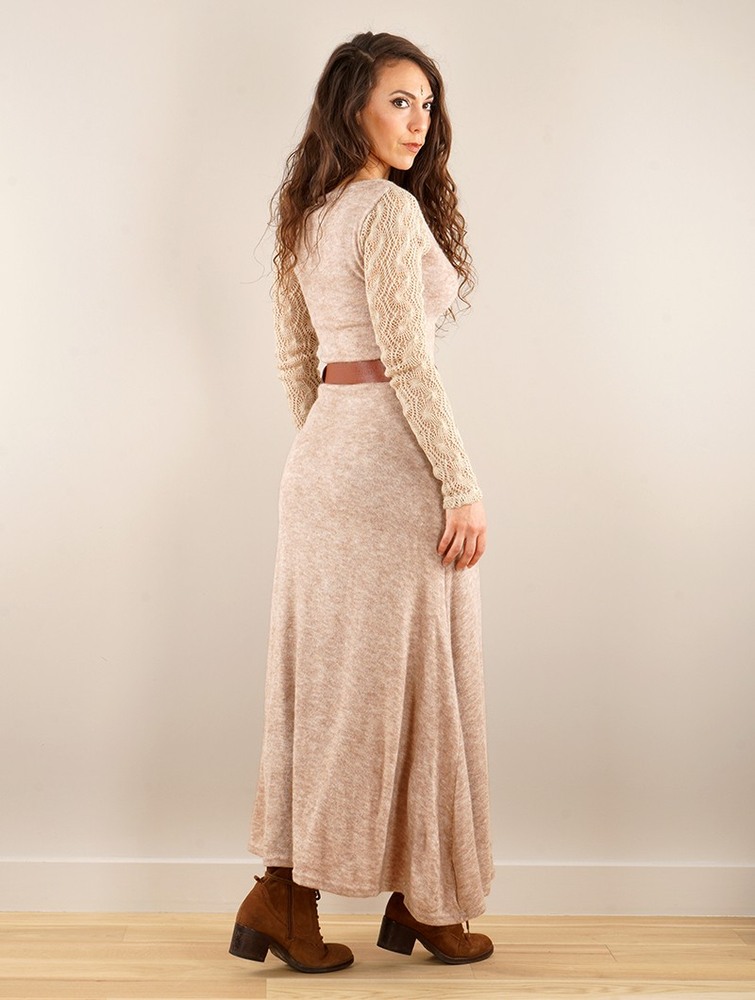 Toonzshop Melisandre Crochet Long Sleeve Long Sweater Dress Klänning Dam Beige | GAKQJ-0865