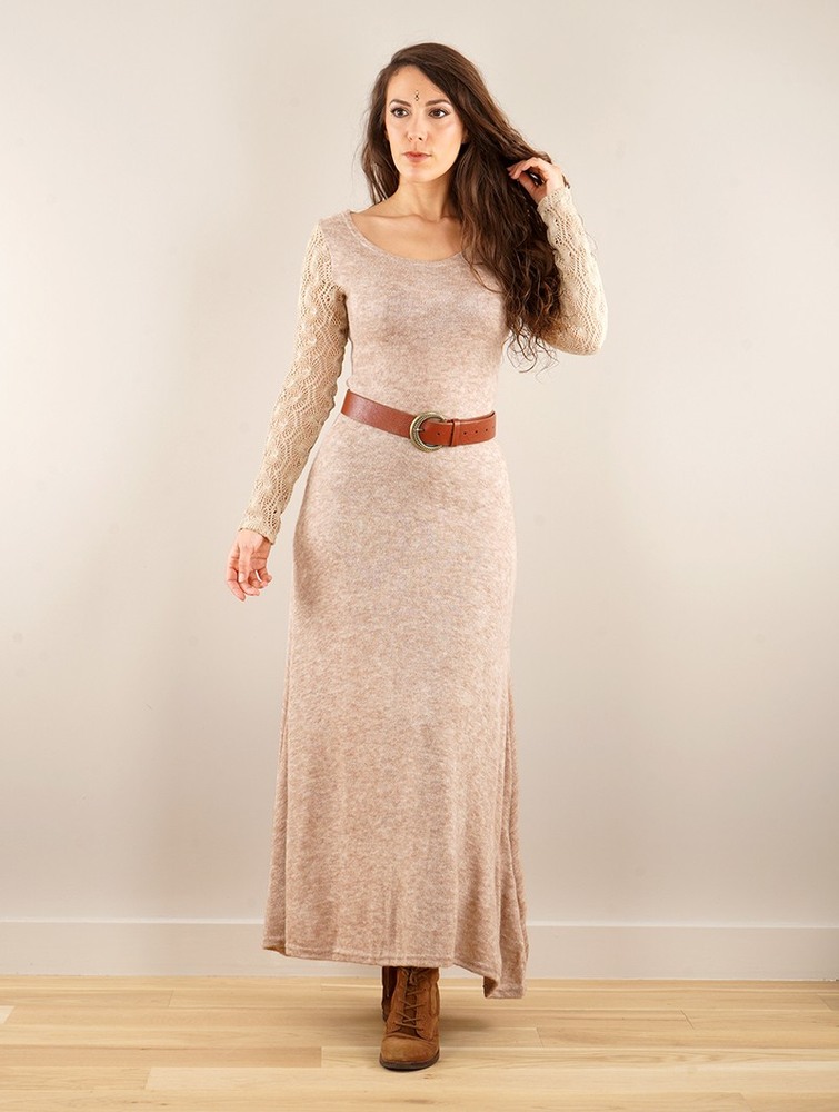 Toonzshop Melisandre Crochet Long Sleeve Long Sweater Dress Klänning Dam Beige | GAKQJ-0865