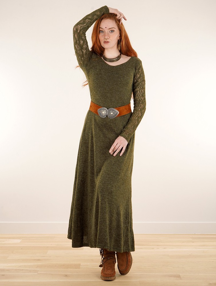 Toonzshop Melisandre Crochet Long Sleeve Long Sweater Dress Klänning Dam Olivgröna Gröna | SDWFG-9682